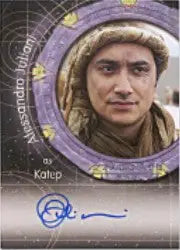Circular trading card featuring Alessandro Juliani in a decorative purple frame