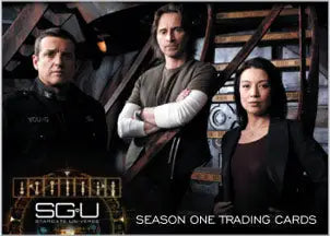 Promotional image for SGU Season One trading cards featuring key characters