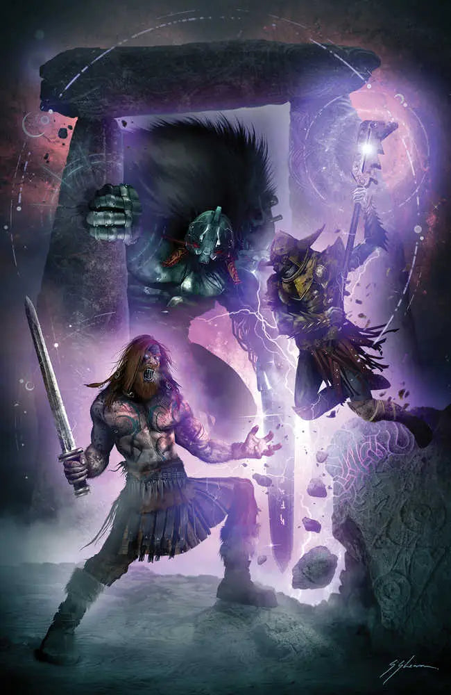 Fantasy battle scene with warriors and magic on Starhenge Dragon & Boar trading cards