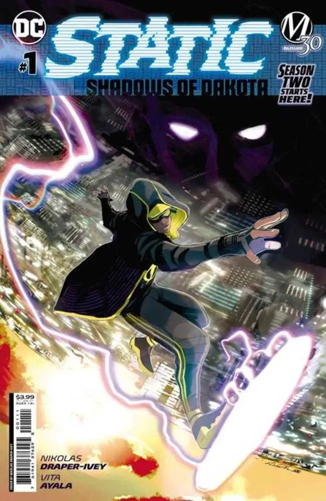 Comic book cover of Static Shadows Of Dakota #1 featuring electric superhero in dark cityscape