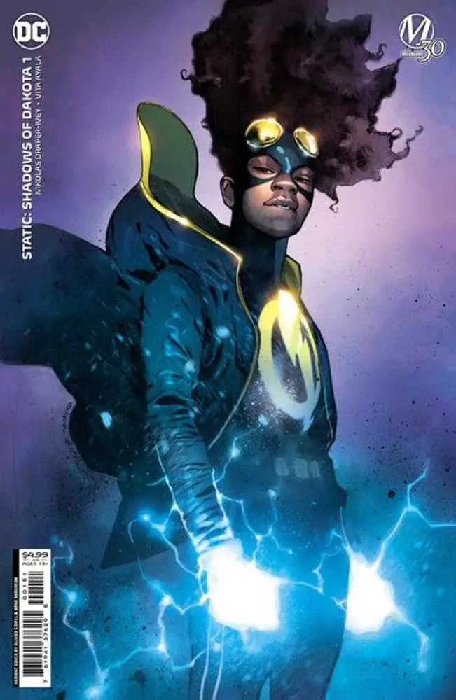 Superhero in blue and yellow costume with electric powers on Static Shadows trading card