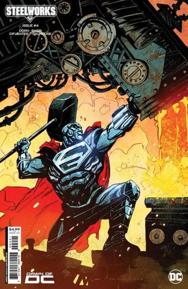 Metallic superhero with red cape leaps against gears on Steelworks #4 trading card
