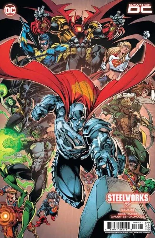 Comic book cover of Steelworks #6 featuring Batman in blue armor with DC heroes and villains