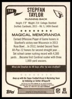 Stepfan Taylor Rookie 2013 Topps Magic #144 Arizona Cardinals - Football Card Single