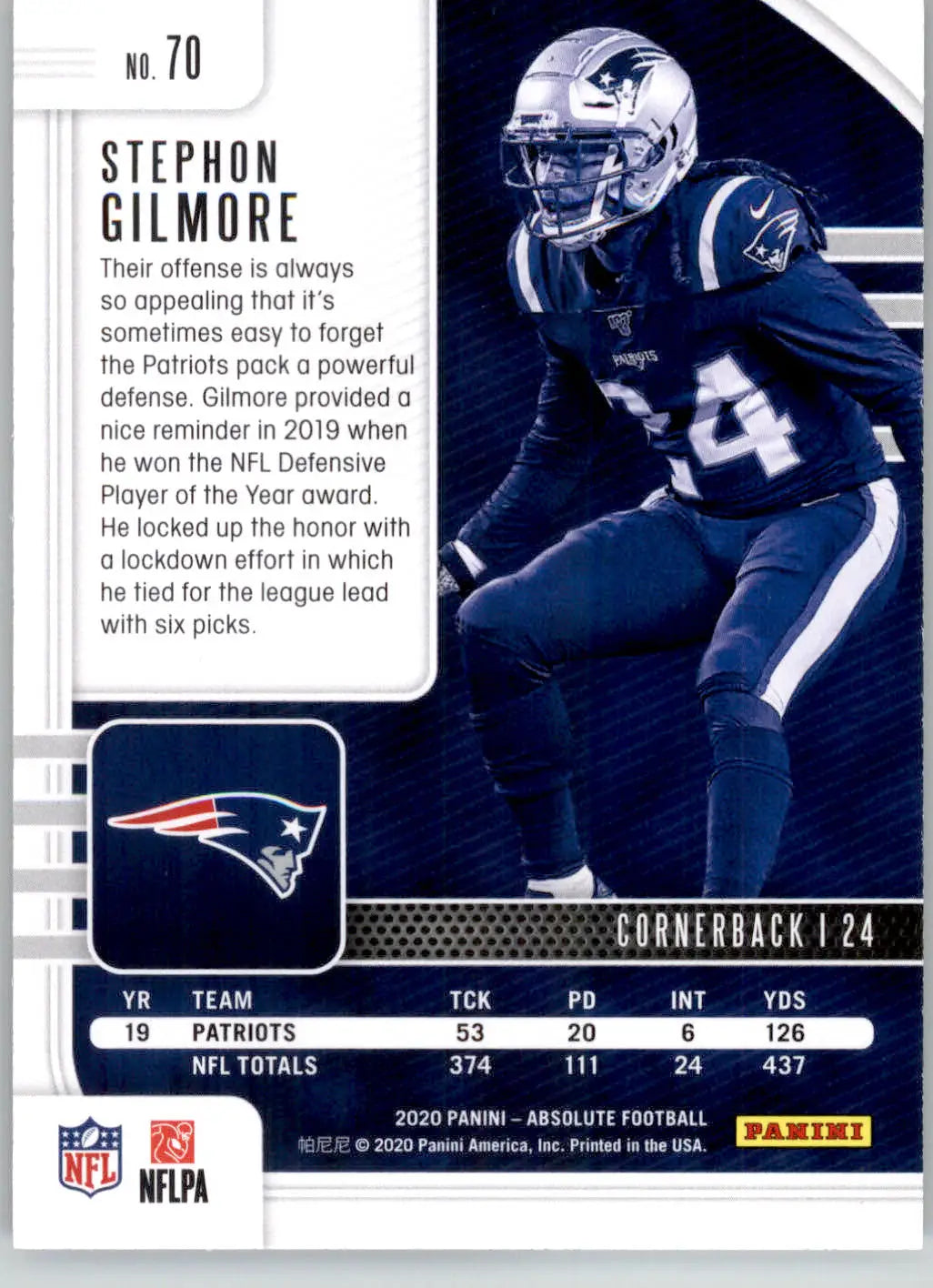 Stephon Gilmore - 2020 Panini Absolute - #70 - Red Football - Football Card Single