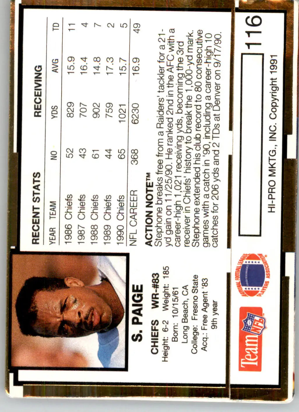 Stephone Paige - 1991 Action Packed - #116 - Football - Football Card Single