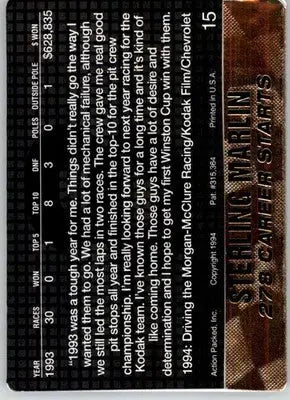Sterling Marlin - 1994 Action Packed - #15 - Racing - Racing Card Single