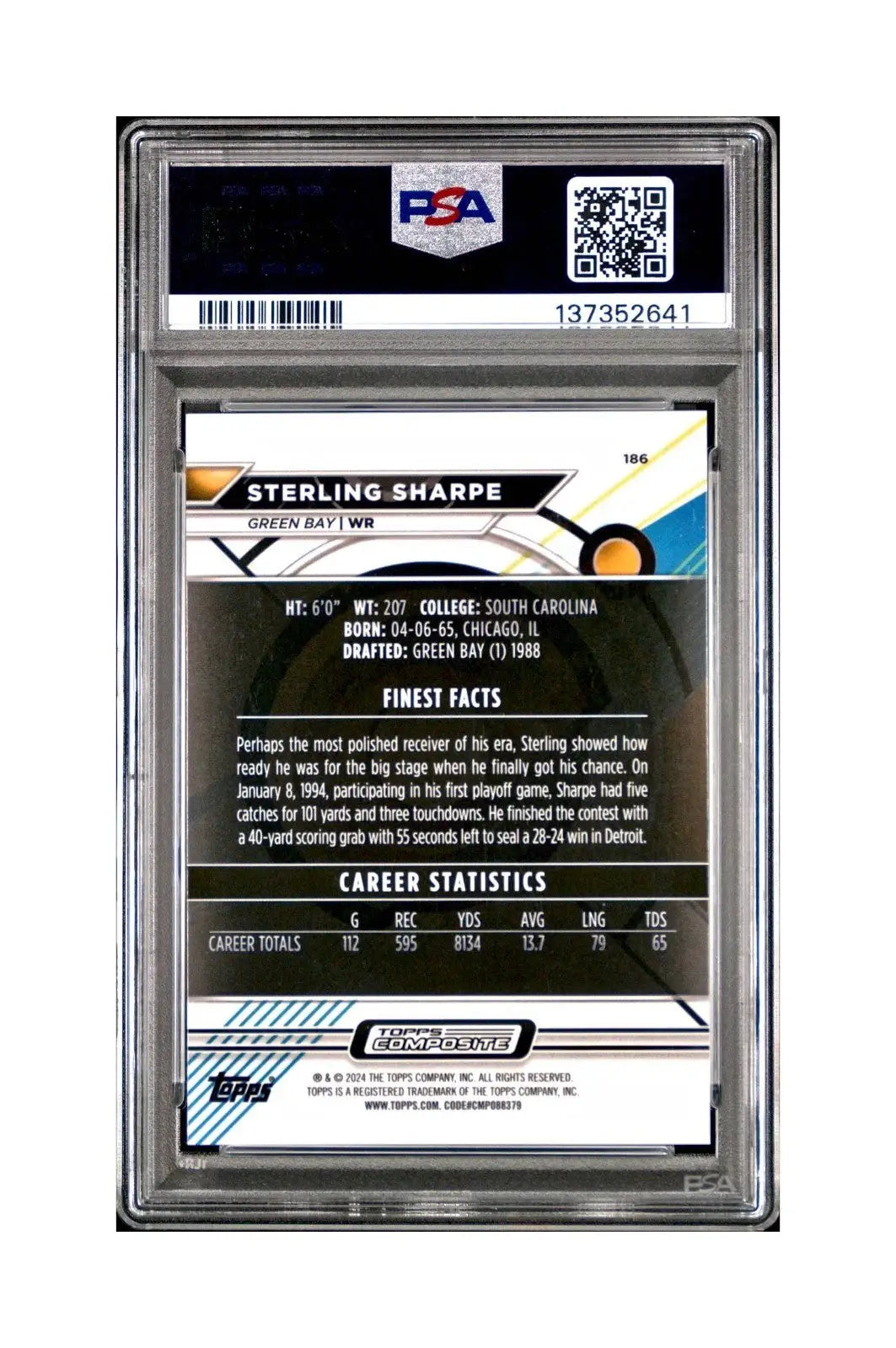 Sterling Sharpe 2023 Topps 025/325 Finest #186 Sky Blue Refractor PSA 10 Gem - Football Card Single
