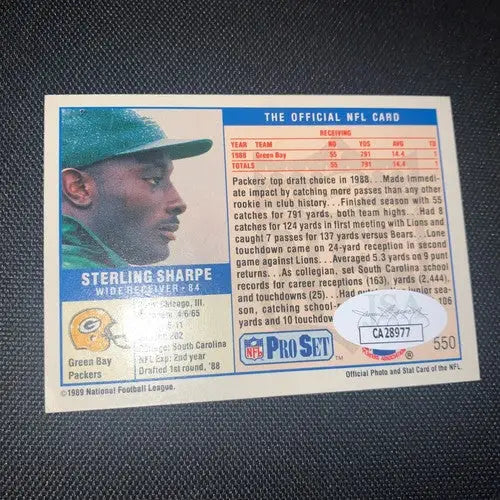 Sterling Sharpe Signed 1989 PACKERS ROOKIE card #550 JSA AUTO RC - Football Card Single