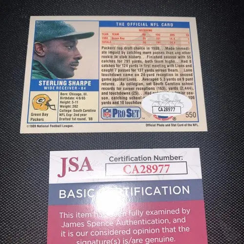 Sterling Sharpe Signed 1989 PACKERS ROOKIE card #550 JSA AUTO RC - Football Card Single