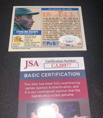 Sterling Sharpe Signed 1989 PACKERS ROOKIE card #550 JSA AUTO RC - Football Card Single