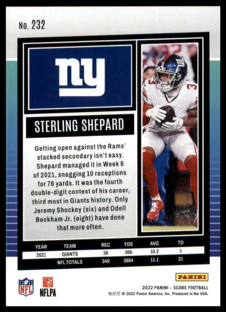 Sterling Shepard football card from 2022 Score series for New York Giants