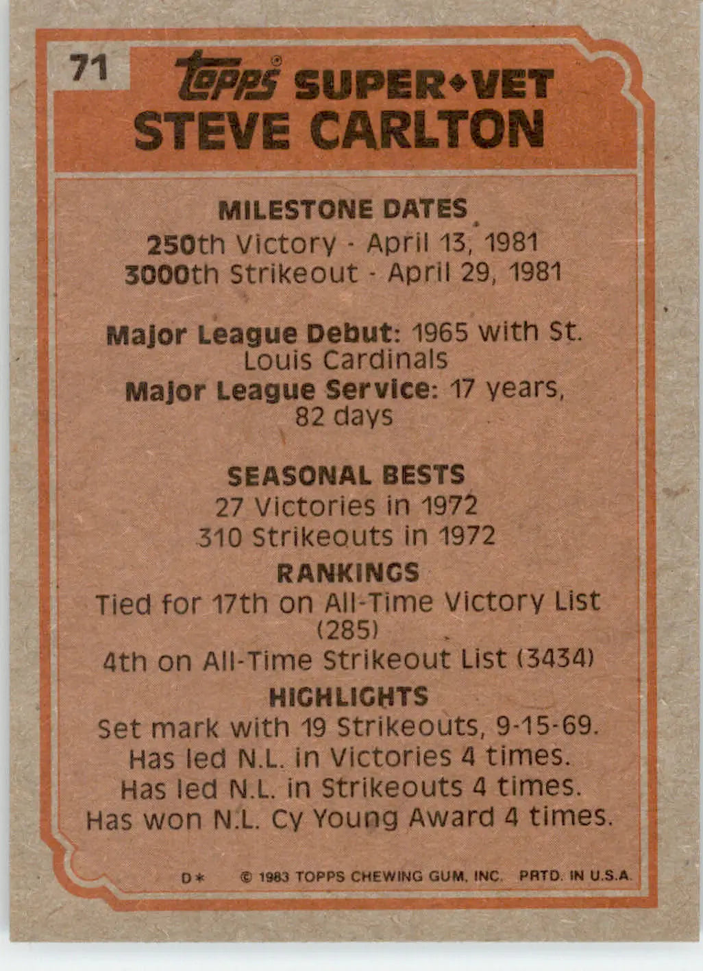 Steve Carlton - 1983 Topps - #71 - Baseball - Baseball Card Single