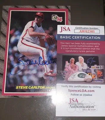 Signed Steve Carlton baseball card with authentication, Donruss Action All-Star JSA COA