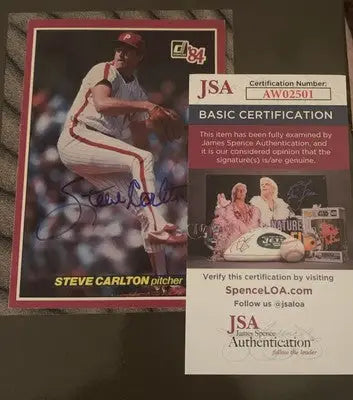 Signed Steve Carlton baseball card with authentication from 1984 Donruss Action All-Star JSA COA