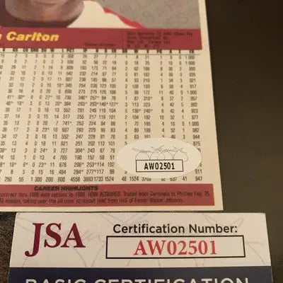 Baseball card with JSA authentication featuring Steve Carlton Donruss Action All-Star