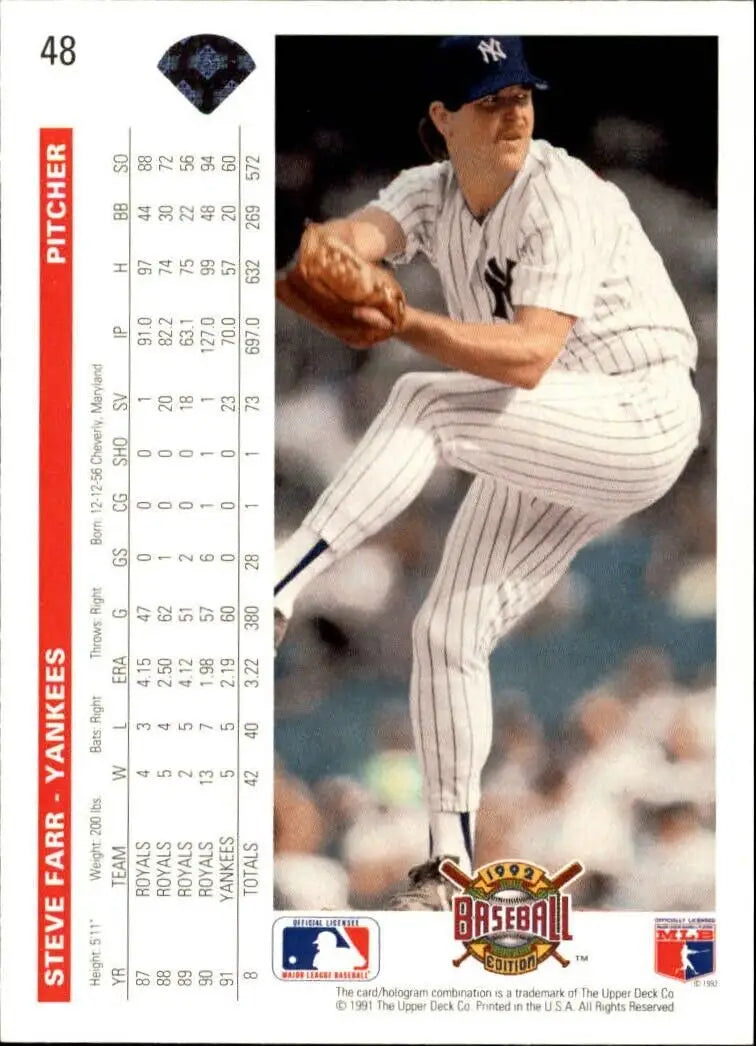 Steve Farr 1992 Upper Deck MLB #48 Baseball Card New York Yankees - Baseball Card Single