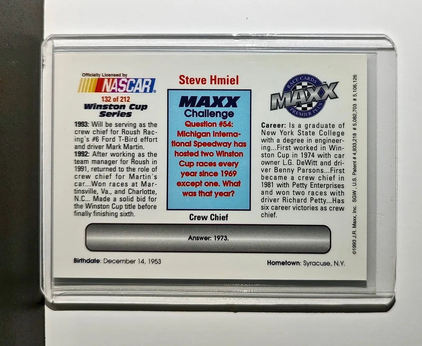 Steve Hmiel 1993 Maxx Premier Plus Racing #132 NASCAR Card Roush Racing - Racing Card Single