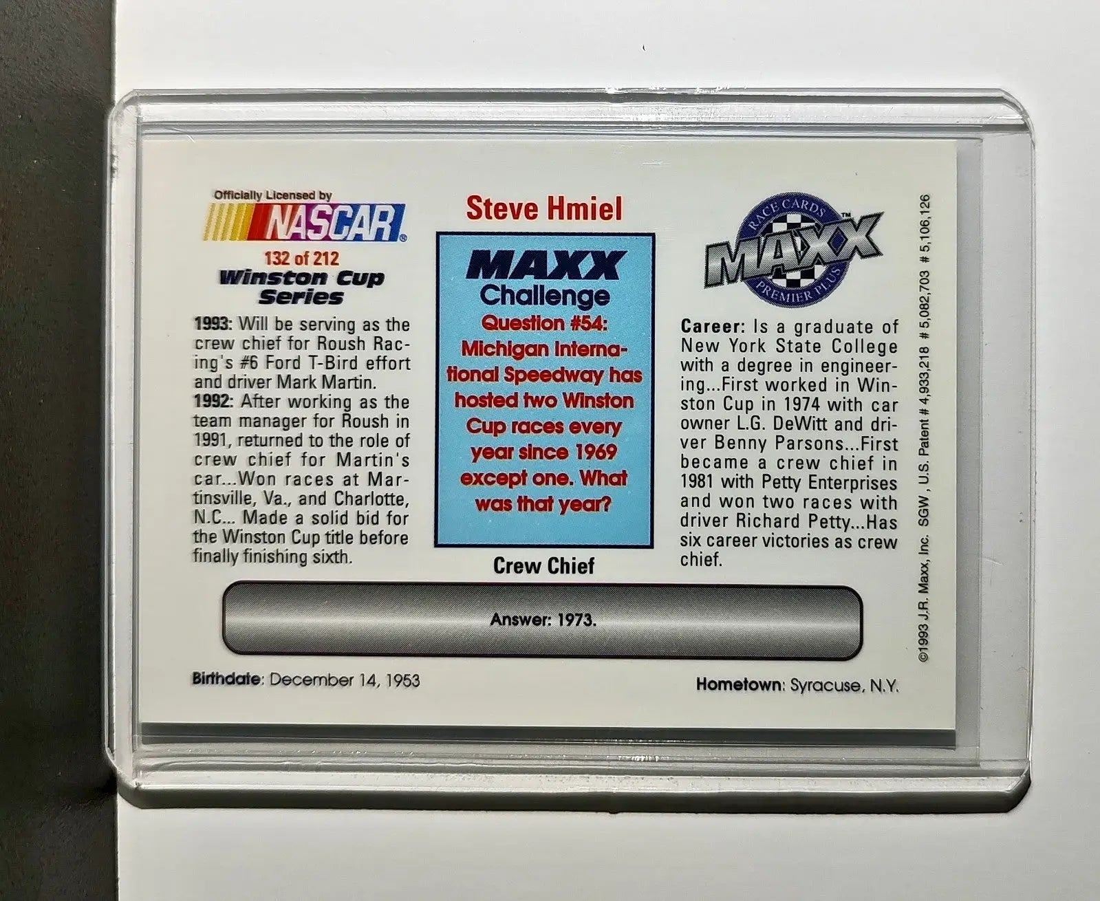 Steve Hmiel 1993 Maxx Premier Plus Racing #132 NASCAR Card Roush Racing - Racing Card Single