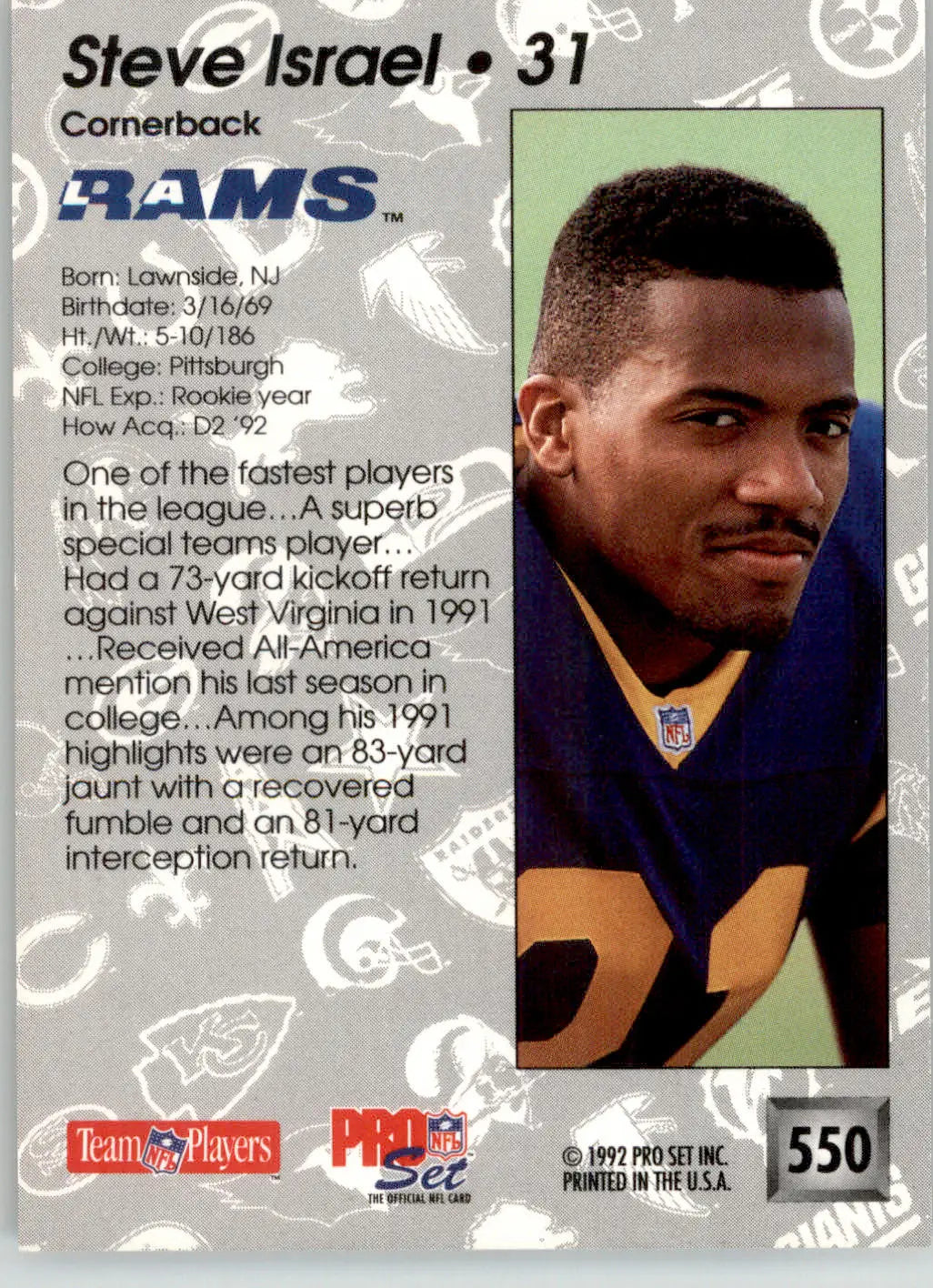 Steve Israel - 1992 Pro Set - #550 - RC Football - Football Card Single