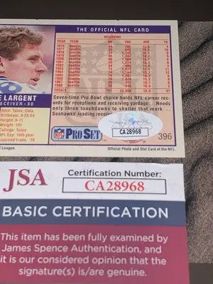 Steve Largent autographed football card with JSA certification from Seattle Seahawks Pro Set