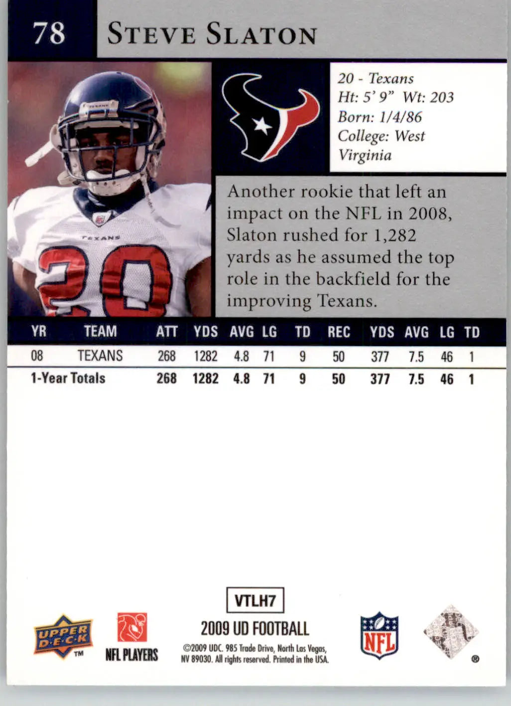 Steve Slaton - 2009 Upper Deck - #78 - Football - Football Card Single