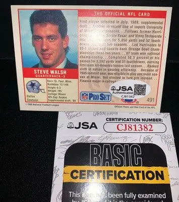Steve Walsh 1989 Pro Set Rookie #491 JSA Certified Auto RC Dallas Cowboys - Football Card Single