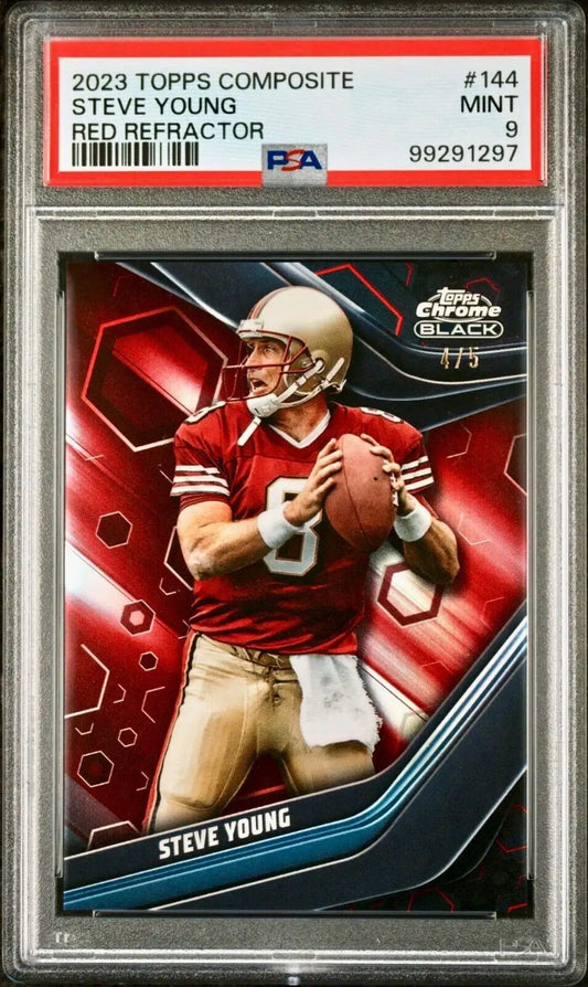 Steve Young 2023 Topps Chrome Black NFL #144 Red Refractor 4/5 Card PSA 9 Mint - Football Card Single