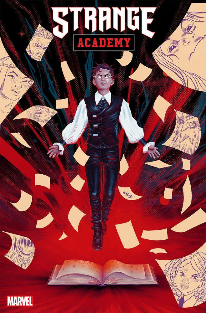 Comic book cover art for Strange Academy: Blood Hunt #1 with mystical pages