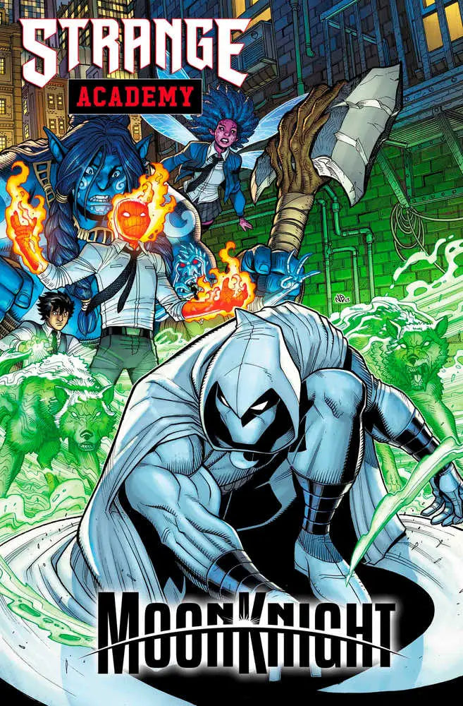 Comic book cover of Moon Knight in Strange Academy with green energy effects