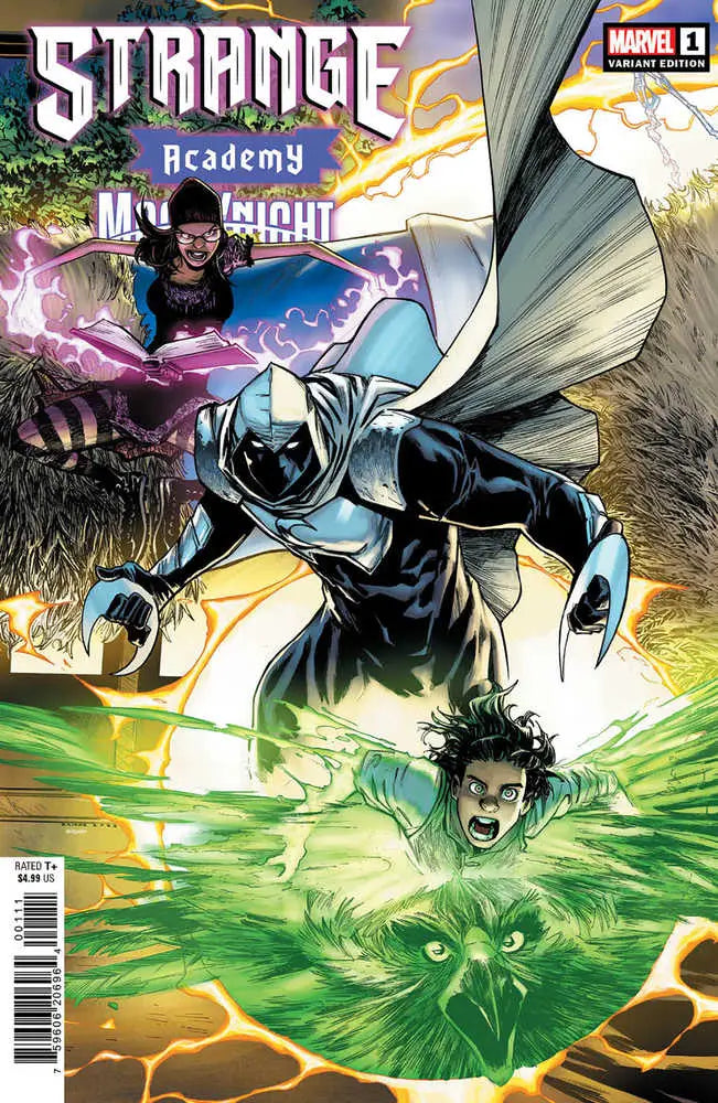 Comic book cover for Strange Academy Moon Knight #1 with magical combat and vibrant colors