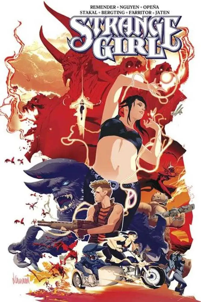 Comic book cover for Strange Girl featuring a female hero, demons, and characters in Strange Girl Hardcover 20th Anniversary Deluxe Edition