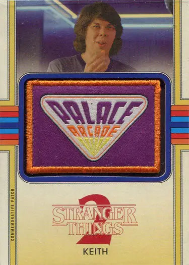 Embroidered Palace Arcade patch in purple, orange, and yellow on Stranger Things patch card