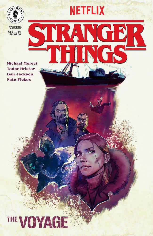 Comic book cover for Stranger Things: The Voyage #3 featuring dark ship and character art