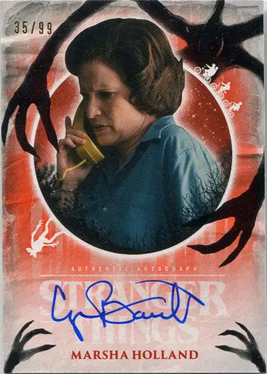Autographed trading card of Cynthia Barrett with unique hairstyle on red background