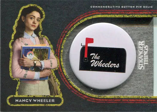 Commemorative button pin relic featuring The Wheelers on a white circular background