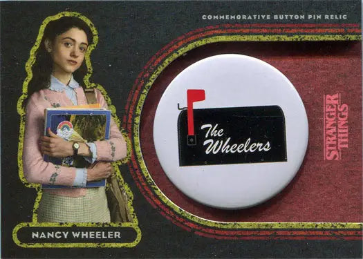 Commemorative button pin featuring The Wheelers on a white circular background