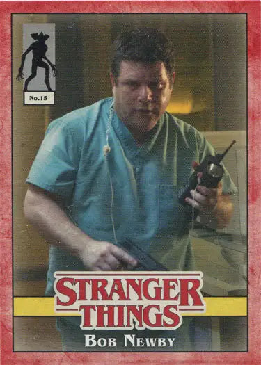 Trading card of Bob Newby in medical scrubs holding an animal from Stranger Things Red Parallel