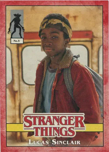Red Parallel Trading Card featuring Lucas Sinclair in a red jacket from Stranger Things