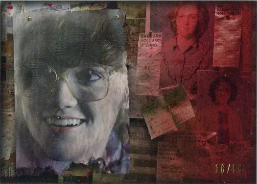 Smiling person in a hat and glasses holding a Stranger Things red parallel trading card