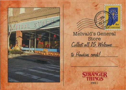 Postcard of Melvald’s General Store from Stranger Things orange parallel trading card