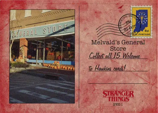 Postcard of Melvald’s General Store featured on Stranger Things Red Parallel Card