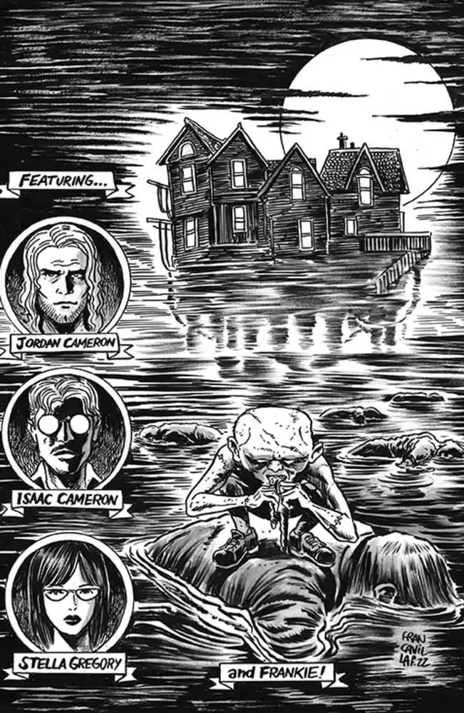 Black and white haunted house illustration for Stuff Of Nightmares #2 trading cards