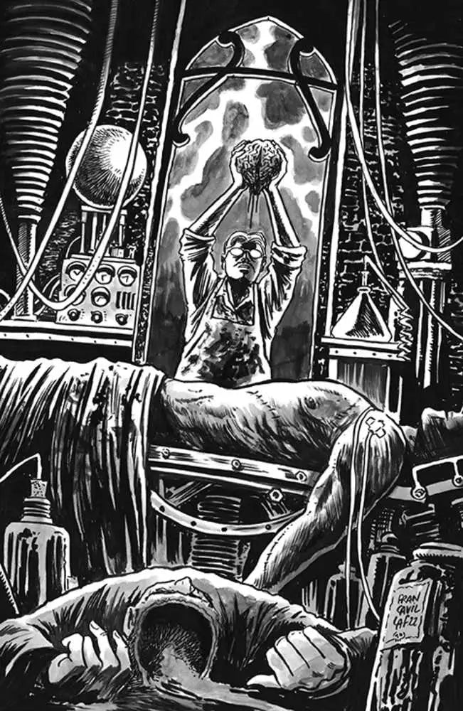 Dramatic black and white Frankenstein illustration for Stuff Of Nightmares #3 cover art