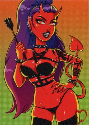 Cartoon red-skinned female devil with purple hair on Succubus Sweethearts promo card