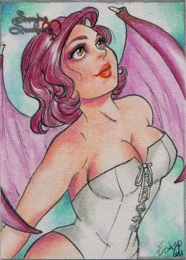 Stylized illustration of a succubus sweethearts character by Elfie Lebouleux on a sketch card
