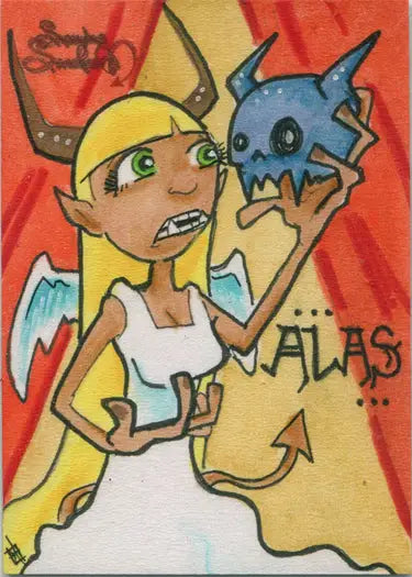 Cartoon character with wings holding a blue creature on Succubus Sweethearts Sketch Card