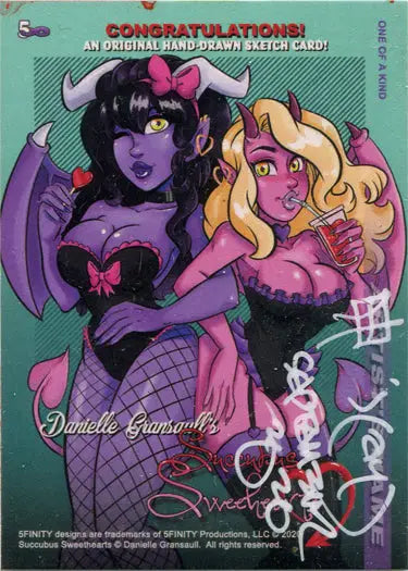 Hand-drawn sketch card of Succubus Sweethearts with fantasy characters in pin-up poses