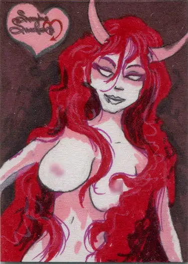 Stylized demon figure with red hair in Jay Mooers Succubus Sweethearts sketch card