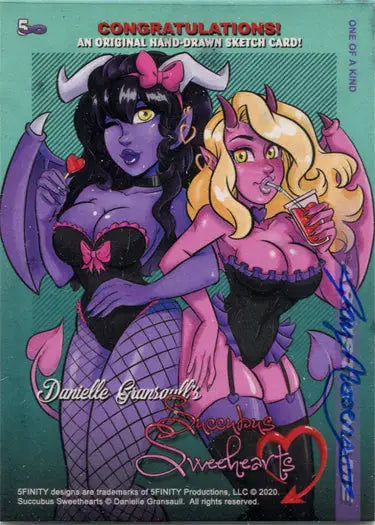 Colorful Succubus Sweethearts sketch card featuring two fantastical characters by Jay Mooers